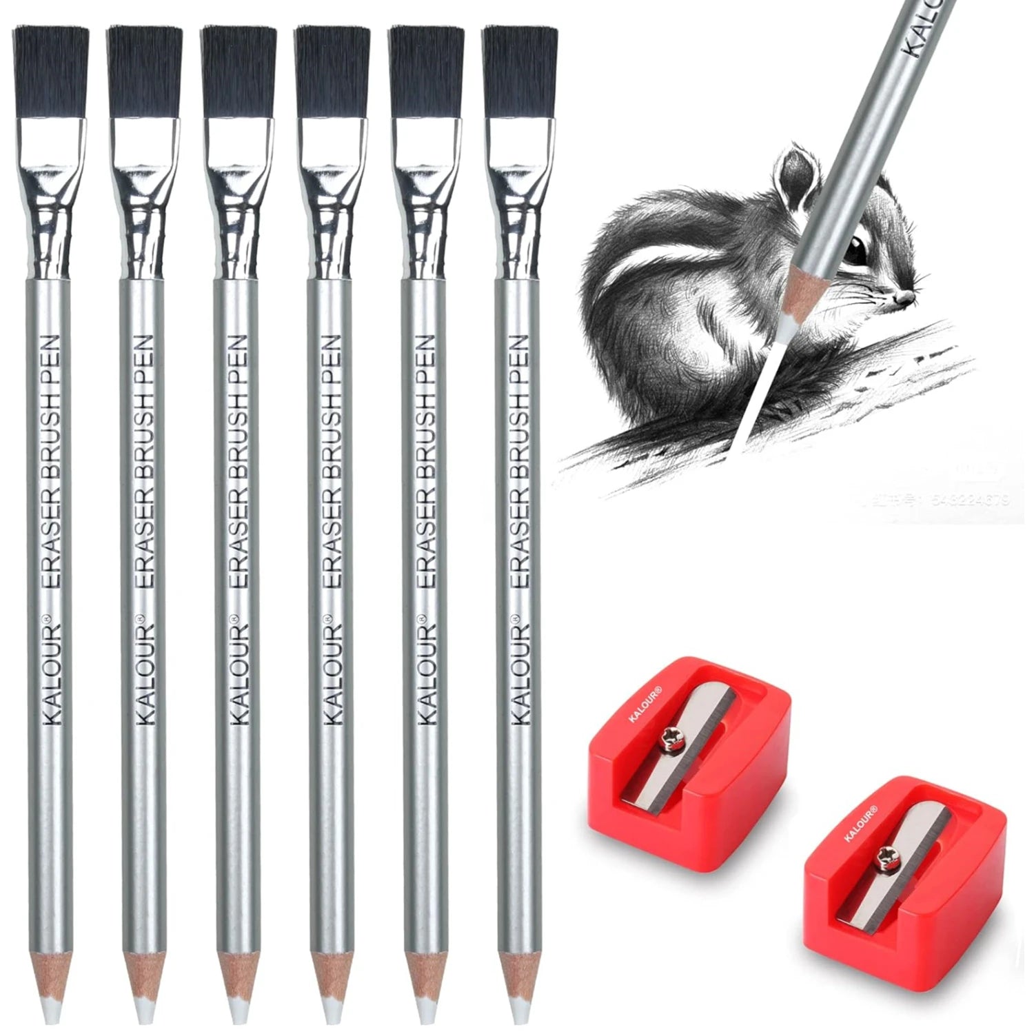 KALOUR Detail Eraser Pencil-6pc Eraser Pencils with Brush 2pc Sharpener,Erasing Small Details or add Highlights for Sketching