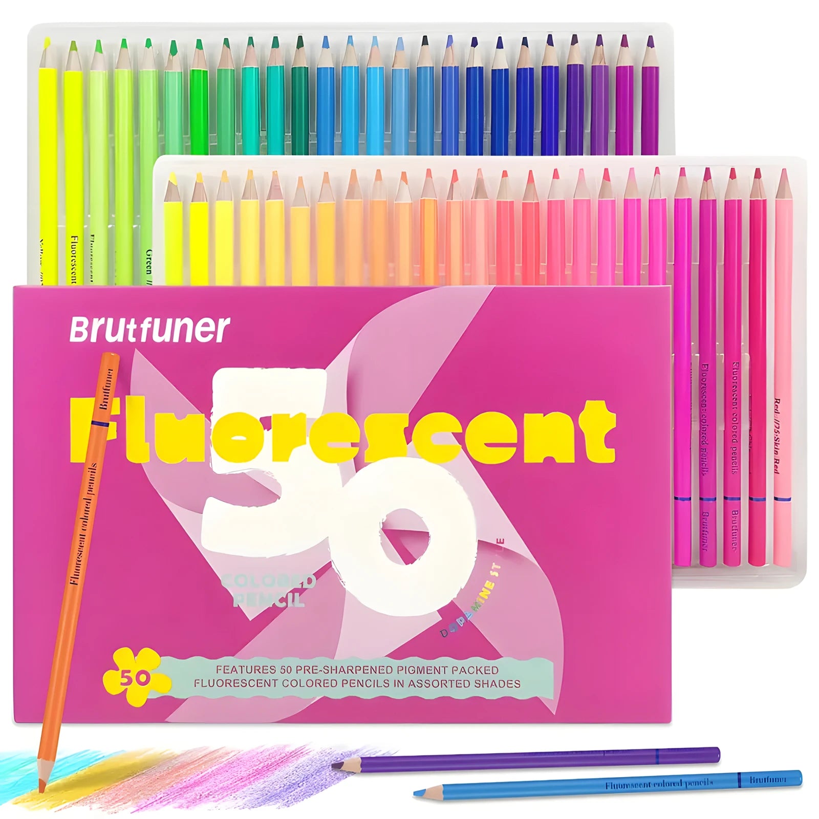 Brutfuner 50-Count Pre-Sharpened Fluorescent Colored Pencils,MediumPoint,Wood,Soft Core,Artist Quality for Sketching&Coloring
