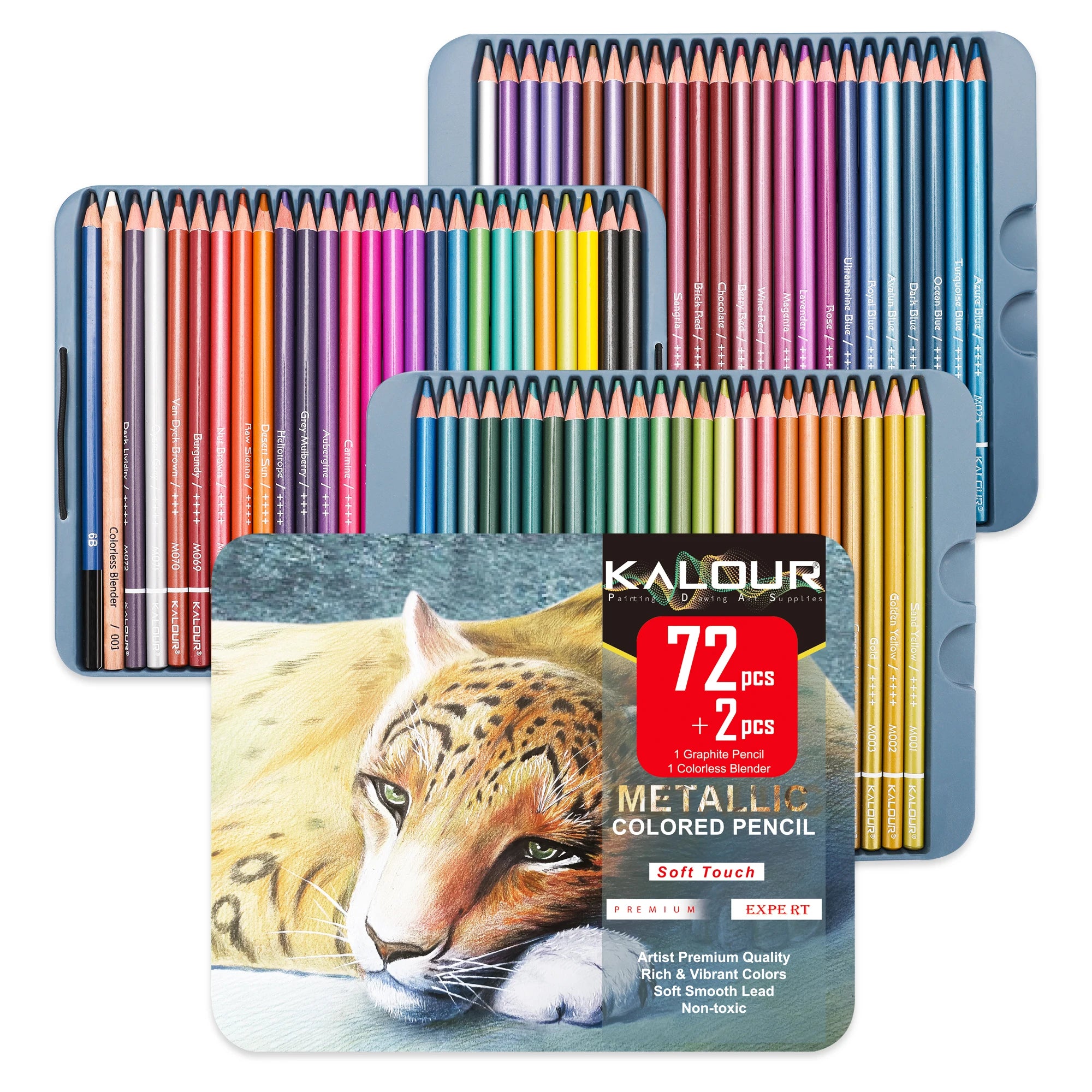 KALOUR 50/72 Colors Metallic Colored Pencils Set Soft Core Oil based in Tin Box,Shading Pencils for Beginners & Pro Artists