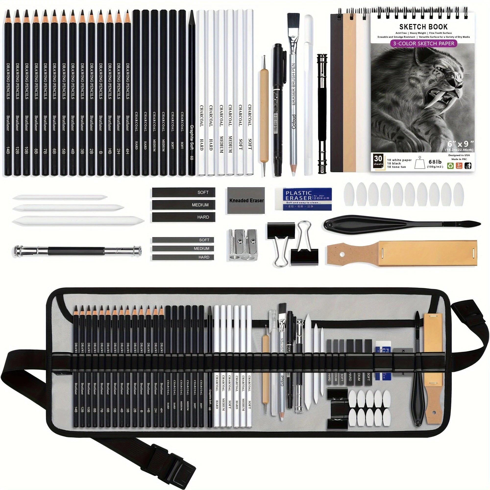 Brutfuner 60Pcs Sketching Pencil Set with Tri-Color Sketchbook - Premium Graphite & Charcoal Drawing Supplies for Artists Adults
