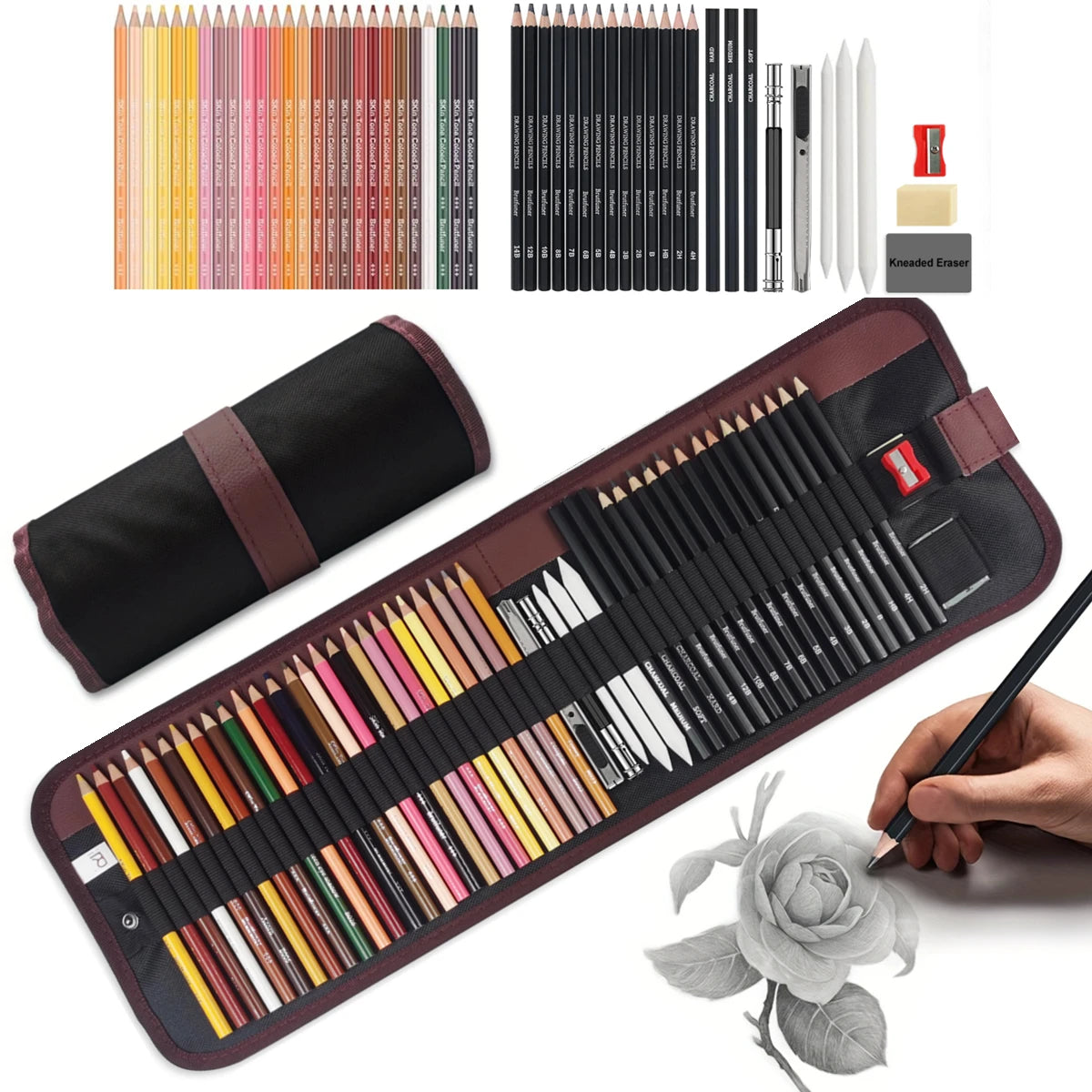 29/36/52Pcs Drawing Kit Sketching Pencils Set,Portable Pen Curtain-Charcoal Pencils,Sketch Pencils,Eraser,Pencils Colored Set